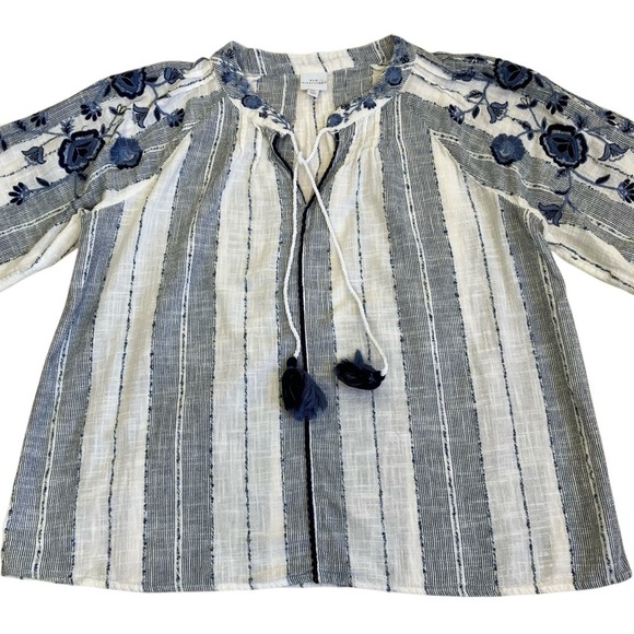 New Directions Embroidered Boho Split Neck Peasant Blouse Blue White Tassels XL - Picture 13 of 16